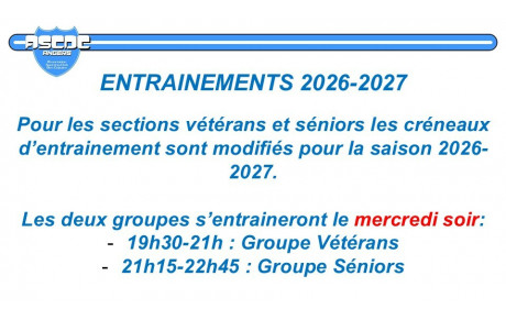 Modification des creneaux d'entrainement séniors et vétérans